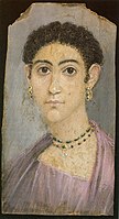 Depiction of a woman with curly hair, wearing a violet chiton and cloak and pendant earrings. British Museum
