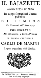 Giovanni Battista Casali – Il Bajazette – Titelseite des Librettos – Rimini 1740