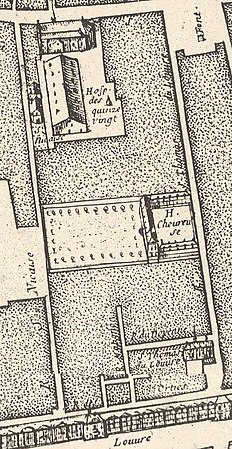 Shown as the Hôtel Chevreuse on the 1672 Jouvin-de-Rochefort map of Paris (north at the top)