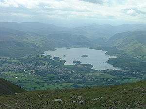 view from mountains across lake