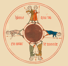 Six men with spears walking around a circle. An Old French text says "hőme qui va en tour le monde".