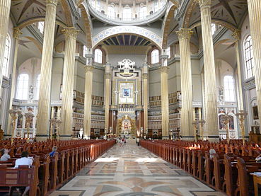The interior of the Basilica of Our Lady of Licheń clearly draws from classical forms of Western European church architecture.