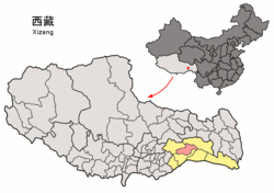 Location of Bayi District (red) in Nyingchi (yellow) and the Tibet Autonomous Region