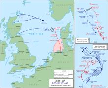 The German fleet sailed to the north and met the British fleet sailing from the west; both fleets conducted a series of turns and maneuvers during the chaotic battle.