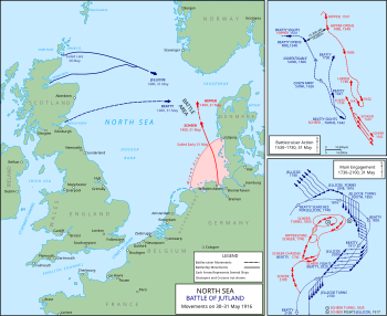 The British fleet sailed from northern Britain to the east while the Germans sailed from Germany in the south; the opposing fleets met off the Danish coast