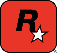 A capital "R" in black has a five-pointed, white star with a black outline appended to its lower-right end. They lay on a red square with a black outline and rounded corners.