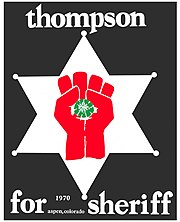 Poster with a symbol of a red two-thumbed fist holding a peyote button superimposed on a six-pointed star-shaped sheriff's badge