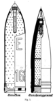 To the left, a 25 cm schwerer Minenwerfer mine shell; to the right, a 24 cm conventional high-explosive shell.