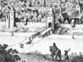 Hölzerne Wehrerker auf der Stadtmauer von Aachen, Merian 1647