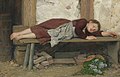 Schlafendes Mädchen. Albert Anker (Schlafendes Mädchen auf einer Holzbank, unbekanntes Datum)