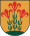 A coat of arms depicting three flowers that have red petals, green stalks, and green leaves all sprouting from green earth