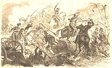 Sepia print of cavalrymen cutting with swords at foot soldiers. A cannon is visible at the left.