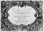 Title page of Quatrains by Pibrac set to music by Guillaume Boni (Paris : Le Roy et Ballard, 1582).
