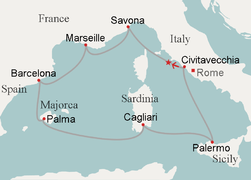 Route of Mediterranean cruise from Civitavecchia and back. Arrow: journey on first leg; star: impact with reef.