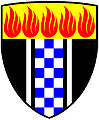 pale endorsed—Sable; a pale chequy argent and azure of 24 pieces, endorsed argent; on a chief or five flames gules—Secunda Health Committee, RSA