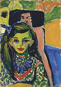 Fränzi before a carved chair, Ernst Ludwig Kirchner