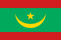 The flag of Mauritania, a charged horizontal triband.