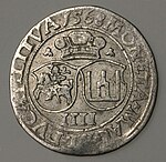 A 1568 Lithuanian coin of Grand Duke Sigismund II Augustus with Gediminas' Cap, horseman and Columns of Gediminas