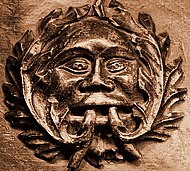 Detail of a misericord from St Laurence Church, Ludlow, Shropshire, showing a Green Man