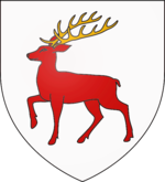 A shield of arms showing a red stag on a white ground