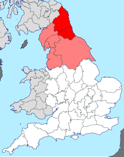 Dark red marks Northumberland and Durham, which formed the late medieval rump earldom of Northumbria. Light red marks English counties that were part of the Kingdom of Northumbria at its height of power in the 8th century.