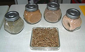 Several manufactured pelleted feed rations for horses