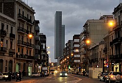 View of Carrer Pere IV in Poblenou, with Dominique Perrault's Hotel Meliá Barcelona Sky in the centre.
