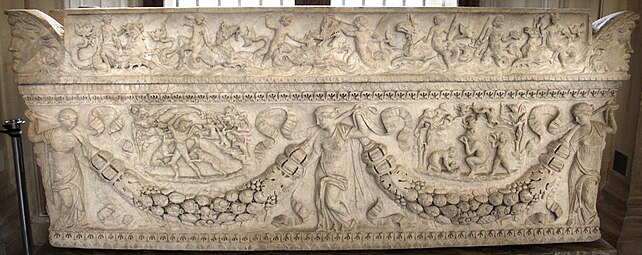 Highly decorated Roman sarcophagus with festoons, c.125-130 AD, marble, Louvre
