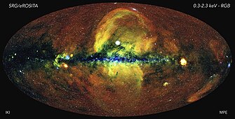 Röntgenaufnahme des gesamten Himmels mittels des Satelliten­observatoriums eROSITA: Der Vela-Supernovaüberrest sticht halbrechts hervor.