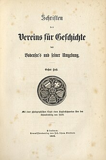 Schriften des Vereins für Geschichte des Bodensees und seiner Umgebung, Titelblatt des ersten Hefts von 1869, erschienen im Kommissionsverlag von Johann Thomas Stettner und gedruckt von Johann Baptist Thoma in Lindau.