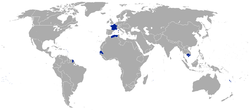 Colonies and territories held by the Second French Empire in 1867, highlighted in blue