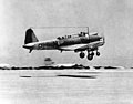 Two Vought SB2U-3 Vindicators of VMSB-241 take off from Midway Atoll. Plane No. 6 in the foreground (BuNo 2045) was flown on June 4, 1942 by 2nd Lt James H. Marmande with PFC Edby Colvin as gunner. This plane was flown in the morning attack against the Japanese and disappeared on the night of 4/5 June about 16 km (10 mi) from Midway.