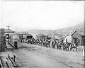Image 5A burro-drawn wagon hauling lumber and supplies into Goldfield, Nevada, ca.1904. In 1903 only 36 people lived in the new town. By 1908 Goldfield was Nevada's largest city, with over 25,000 inhabitants. (from History of Nevada)