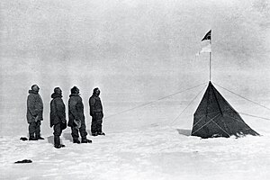 Amundsen (at left) and companions at Polheim, South Pole, December 1911