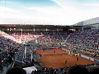 View of the main court during a match between Roger Federer and Feliciano López (c.2011)