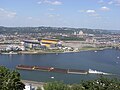 Coal barges passing Heinz Field in Pittsburgh, Pennsylvania on the Ohio River