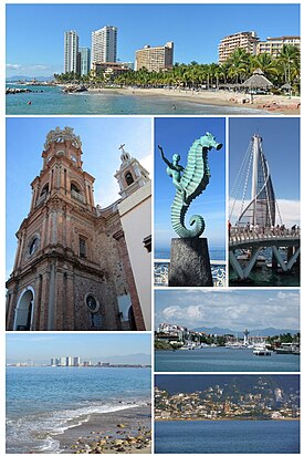 Above, from left to right: Panoramic view of Villa del Palmar, Our Lady of Guadalupe Parish, the Sea Horse Sculpture, the pier, view of the hotel zone from the boardwalk, Marina Vallarta and downtown.