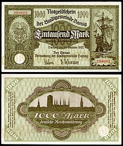 Obverse and reverse of a 1922 Danzig 1000-mark banknote