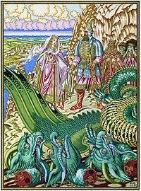 Dobrynya Nikitich rescues Zabava Putyatishna from the dragon Gorynych.