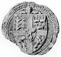 Seal of Eric of Pomerania as king of the Kalmar union, 1398. A small Dannebrog banner is depicted as held by the three Danish lions in the top-left corner.