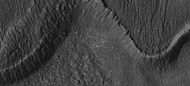 Close-up of the snouts of two glaciers from the previous image, as seen by HiRISE under the HiWish program. These are towards the bottom left of the previous image.