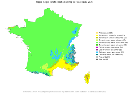 Köppen-Geiger classification of France based on 1980-2016 data.