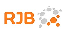RJB in capital orange letters and a 5 point star made of varying size grey and orange circles