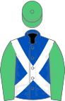 Royal blue, white cross sashes, emerald green sleeves and cap