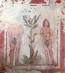 A nude man and woman, each hiding their private parts beneath a leave, standing by a tree with a snake on it