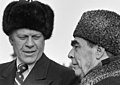 Gerald Ford (left) wearing an ushanka, with Leonid Brezhnev (right) wearing a gogol [ru]