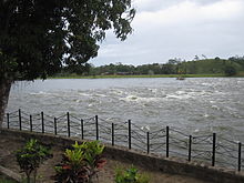 Color photograph of the Raudal del Diablo rapids of the San Juan River from the village of El Castillo in southern Nicaragua, taken in February 2011