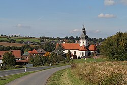 Country road to Schöllkrippen, with the church St Katharina