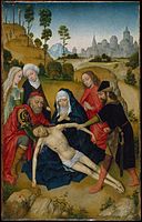 Lamentation by Simon Marmion, with the three crosses high on the hill behind.