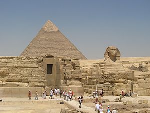 Tourists at the pyramid complex of Khafre near the Great Sphinx of Giza